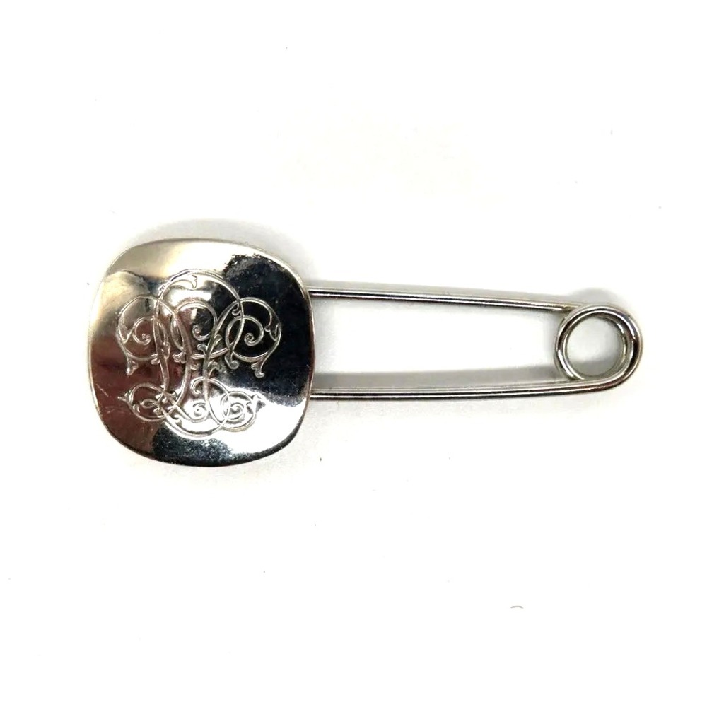 Silver Tone Monogram Safety Pin Brooch Large Engraved Script Jewelry Accessory